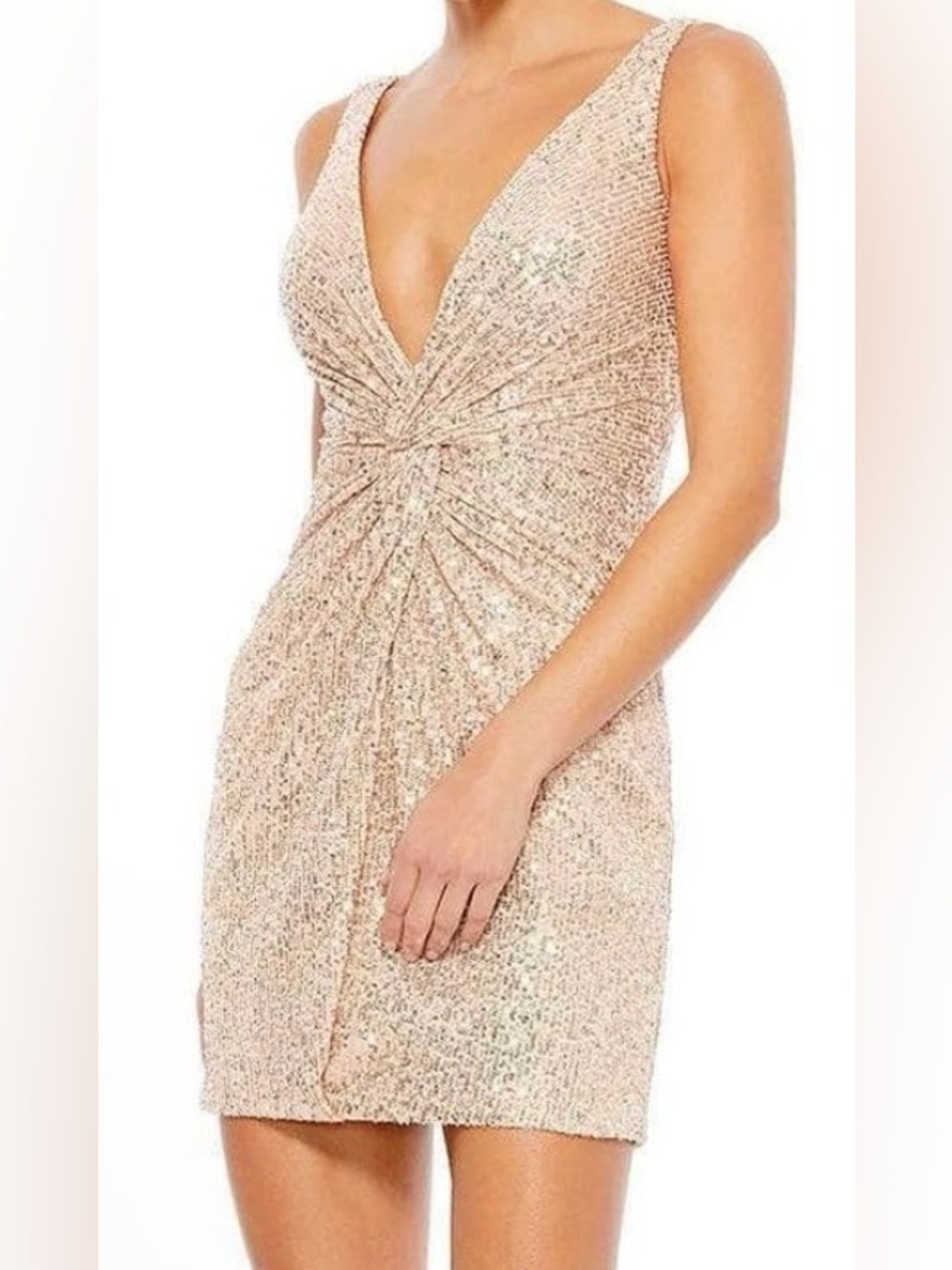 Ieena for MacDuggal Front Twist Plunging Sequin Rose Gold Mini Dress - Size 10
